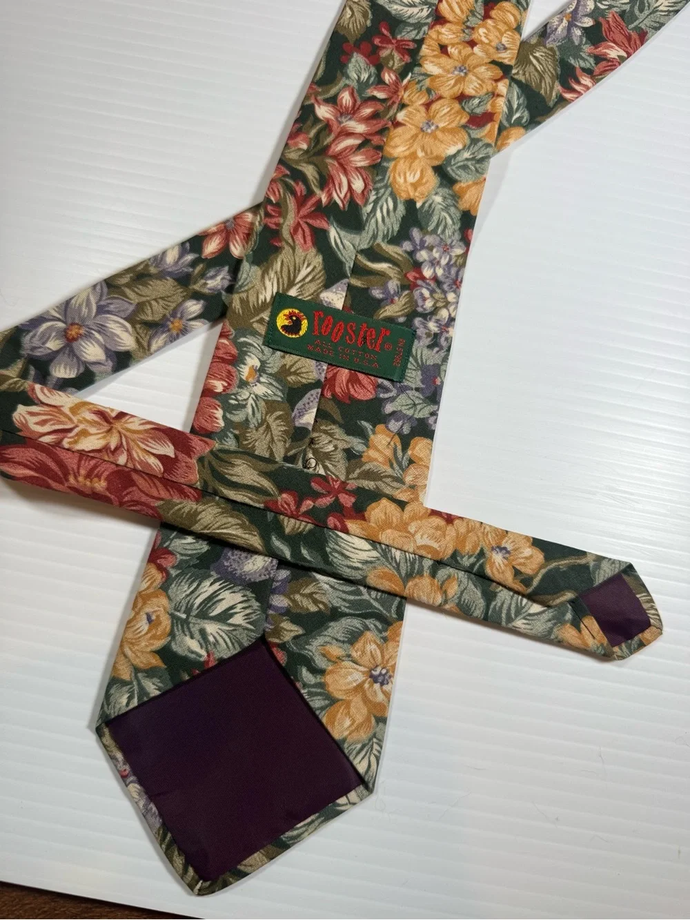 Rooster vintage cotton floral print tie in dark green and mustard. Unworn.